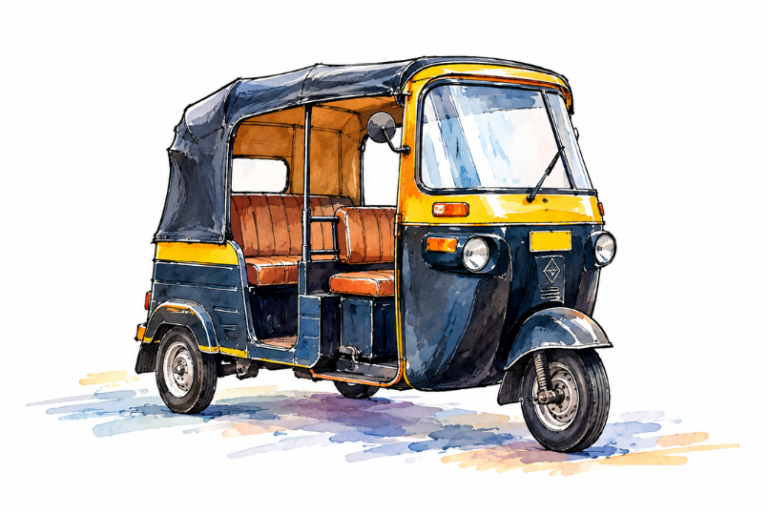 Watercolour illustration of a Mumbai auto-rickshaw